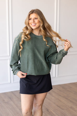 OLIVE GREEN - Essential Luxe Corded Crew Sweatshirt Sweatshirt Moon Ryder Corded EXTRA SMALL OLIVE GREEN