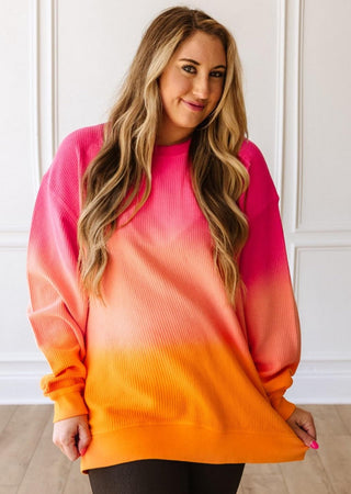 OMBRE COZY CORD SWEATSHIRT -PINK/ORANGE