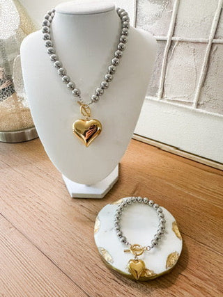 Two Tone Heart Bracelet with Bead Chain - 18K plate Jewelry Laurel + August