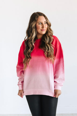 OMBRE COZY CORD SWEATSHIRT - RED/PINK