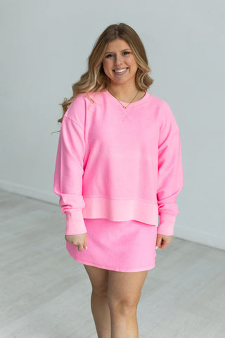 NEON PINK CORDED CROPPED SIDE SLIT CREW Tops Moon Ryder Corded XS