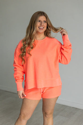 NEON CORAL CORDED CROPPED SIDE SLIT CREW Tops Moon Ryder Corded XS