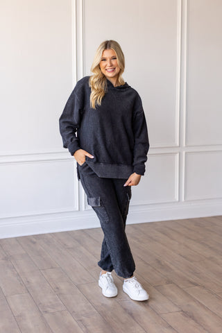 CORDED HOODY - WASHED BLACK Tops Moon Ryder Corded