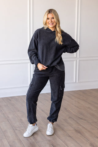 CORDED HOODY - WASHED BLACK Tops Moon Ryder Corded
