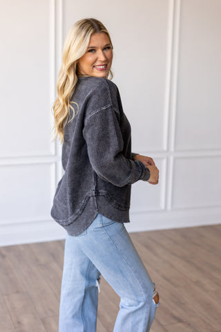 ROUNDED BOTTOM Cozy Cord Crew Sweatshirt - WASHED BLACK Sweatshirt Moon Ryder Corded