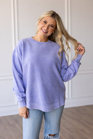 ROUNDED BOTTOM Cozy Cord Crew Sweatshirt - PERIWINKLE