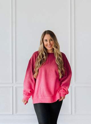 OMBRE COZY CORD SWEATSHIRT -MAROON/PINK